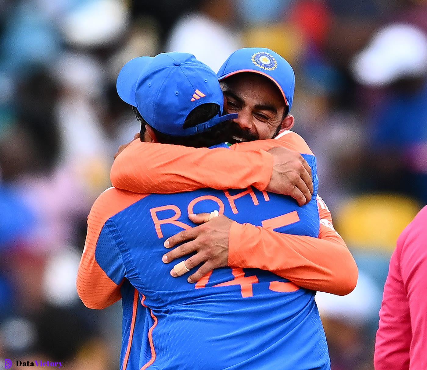 Rohit Sharma and Virat Kohli hug it out, India vs South Africa, T20 World Cup final, Bridgetown, Barbados, June 29, 2024