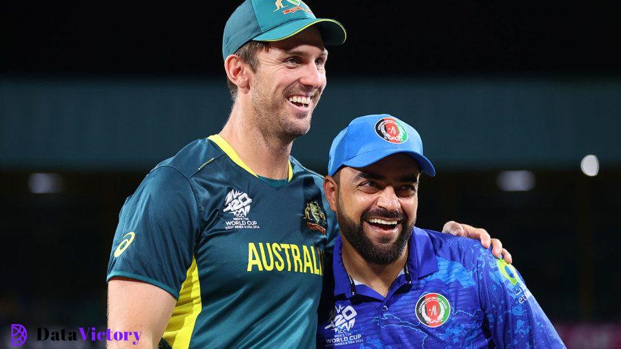 Mitchell Marsh and Rashid Khan all smiles at the toss, Afghanistan vs Australia, T20 World Cup, Super Eight, Group 1, Kingstown, June 22, 2024