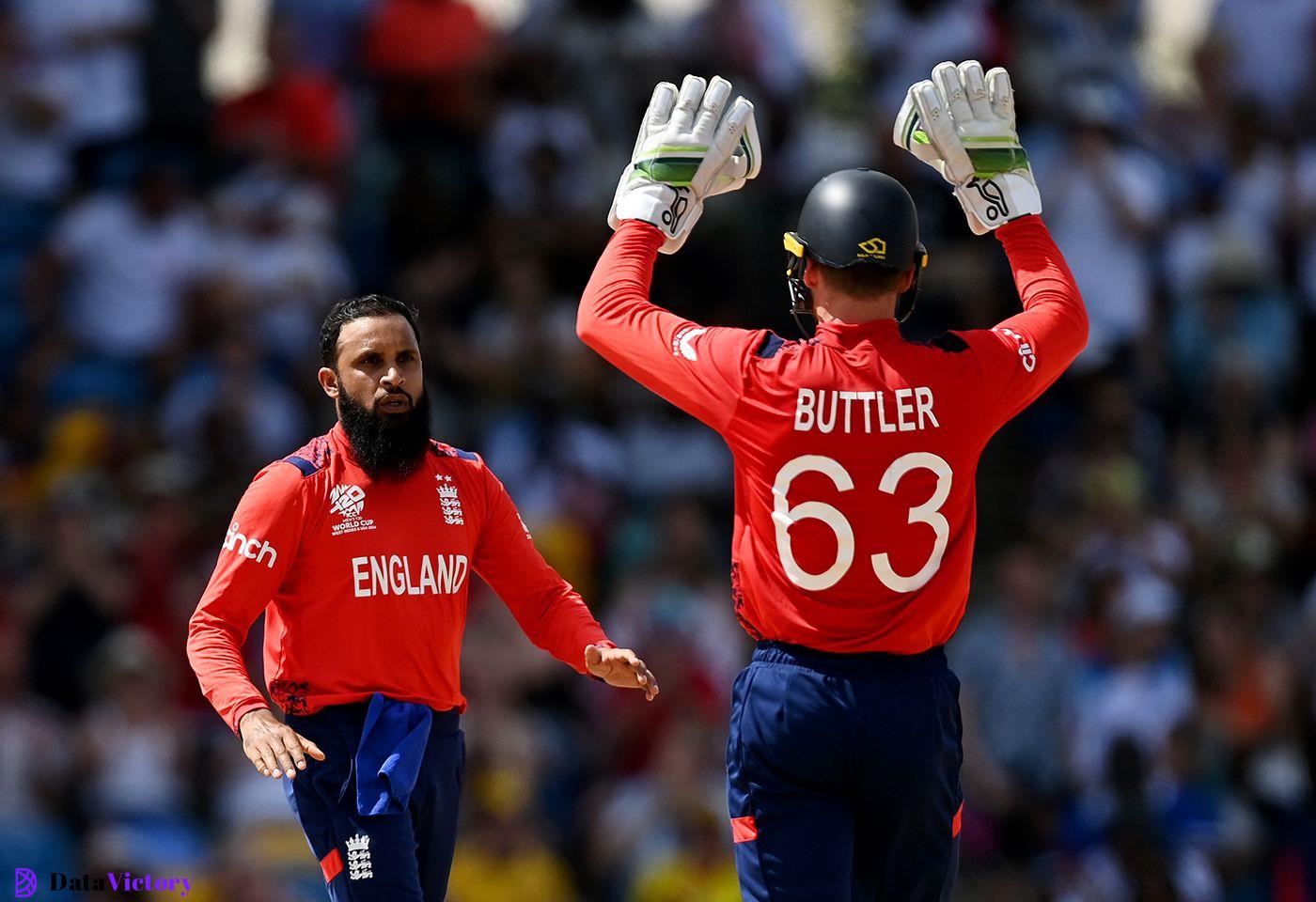 Adil Rashid gets a pair of high fives from his captain, Australia vs England, T20 World Cup 2024, Bridgetown, June 8, 2024