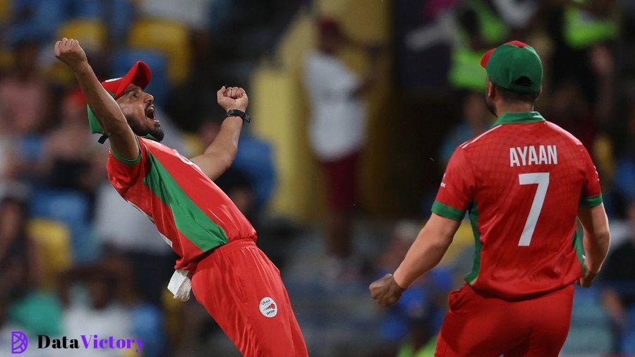 Aqib Ilyas celebrates his stunning catch to remove Glenn Maxwell, Australia vs Oman, T20 World Cup, Bridgetown, June 5, 2024