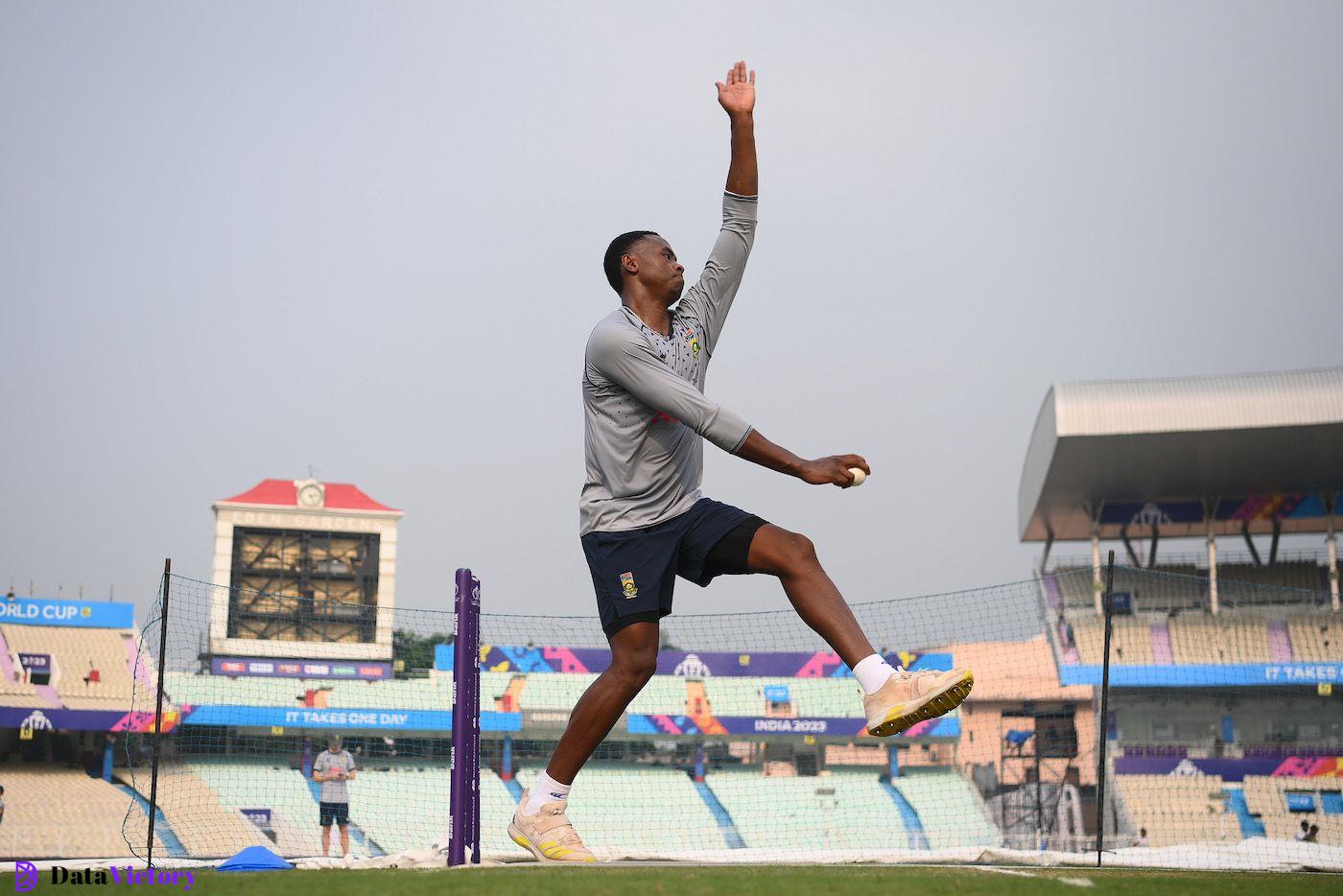 Kagiso Rabada bowls at a net session ahead of South Africa's World Cup game against India in Kolkata, November 4, 2023