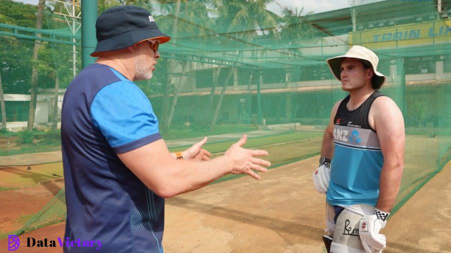 Paul Wiseman chats with Dean Foxcroft at the Super Kings Academy, Chennai, June 22, 2024