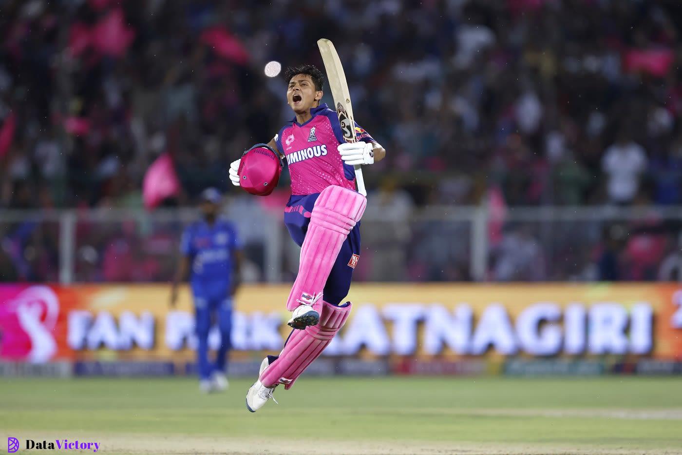 Yashasvi Jaiswal leaps in the air after scoring his second IPL hundred, Rajasthan Royals vs Mumbai Indians, IPL 2024, Jaipur, April 22, 2024