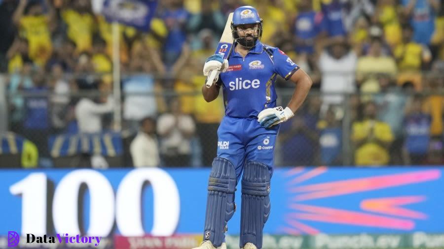 There were muted celebrations from Rohit Sharma after reaching his century with Mumbai Indians going down, Mumbai Indians vs Chennai Super Kings, IPL 2024, Mumbai, April 14, 2024