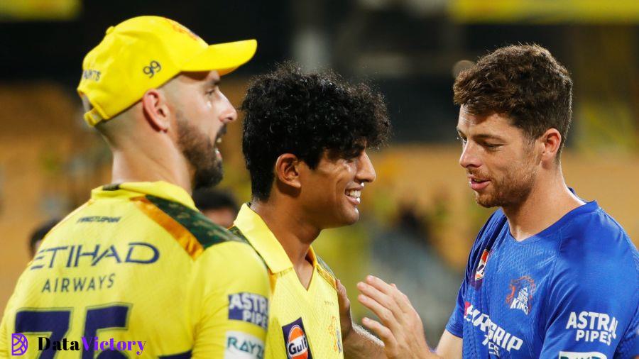 Part of CSK's New Zealand contingent - Daryl Mitchell, Rachin Ravindra and Mitchell Santner - relax after the game, Chennai Super Kings vs Gujarat Titans, IPL 2024, Chennai, March 26, 2024