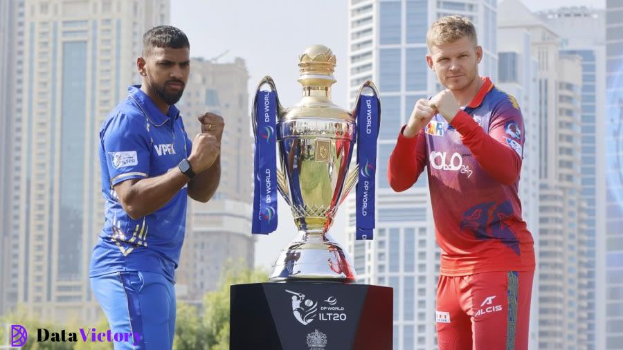 Nicholas Pooran and Sam Billings pose with the ILT20 trophy, Dubai Capitals vs MI Emirates, ILT20 final, Dubai, February 16, 2024