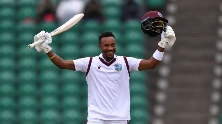 Kavem Hodge celebrates getting to century in the tour game, First-Class Counties Select XI vs West Indies, tour game, 1st day, Beckenham, July 3, 2024