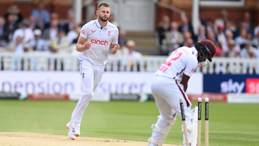 Gus Atkinson celebrates his eighth wicket on debut after Kavem Hodge's chop-on, England vs West Indies, 1st Men's Test, Lord's, 2nd day, July 11, 2024