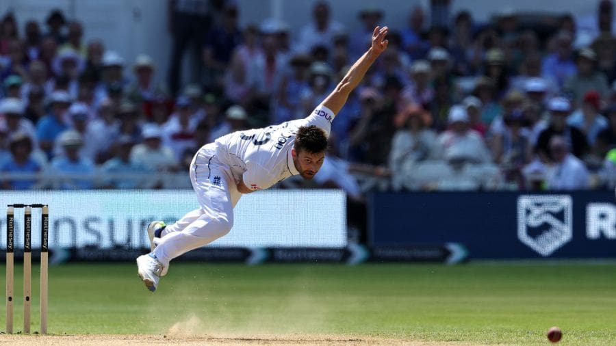 The scoreboard displays Mark Wood's speeds in his first over, England vs West Indies, 2nd Men's Test, Trent Bridge, 2nd day, July 19, 2024