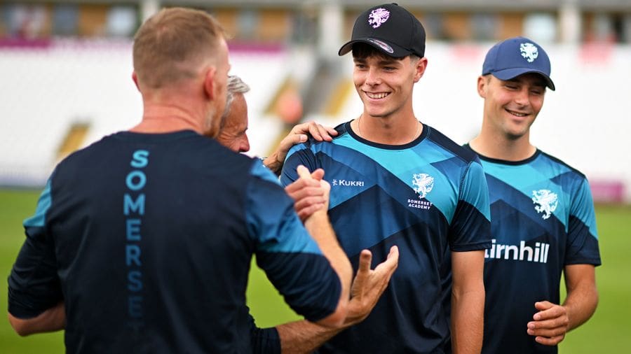 Archie Vaughan receives his Somerset cap from Steve Kirby, Somerset vs Kent, One-Day Cup, Taunton, July 26, 2024