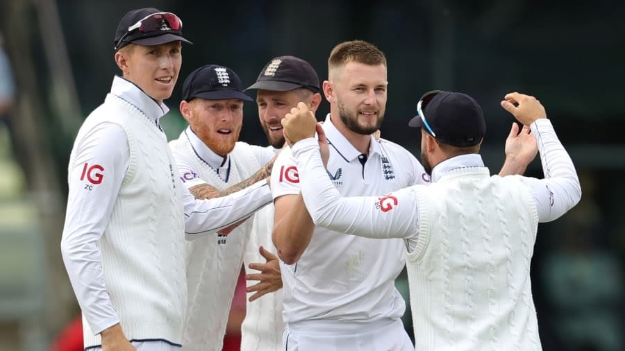 Zak Crawley, Ben Stokes, Chris Woakes and Ben Duckett congratulate Gus Atkinson for taking the wicket of Mikyle Louis, England vs West Indies, 3rd Test, Edgbaston, Birmingham, 1st day, July 26, 2024