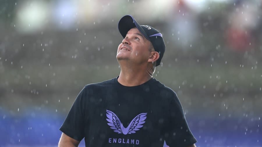 Matthew Mott takes a stroll in the Antigua rain, England vs Namibia, T20 World Cup 2024, North Sound, June 15, 2024