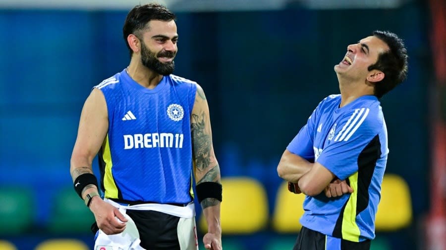 Virat Kohli and Gautam Gambhir share a light moment during training, Colombo, July 31, 2024