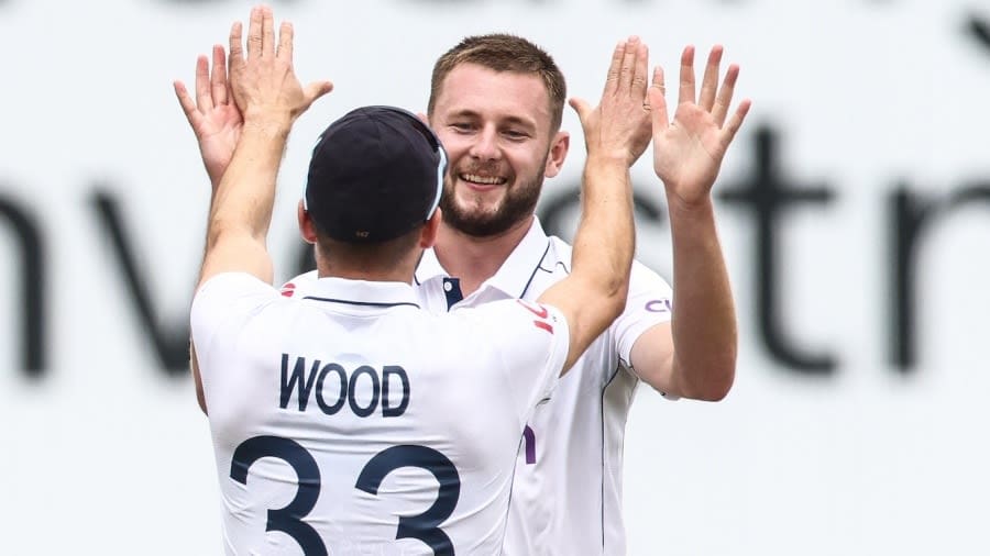 Mark Wood and Gus Atkinson celebrate the wicket of Kevin Sinclair, England vs West Indies, 2nd Men's Test, Nottingham, 3rd day, July 20, 2024