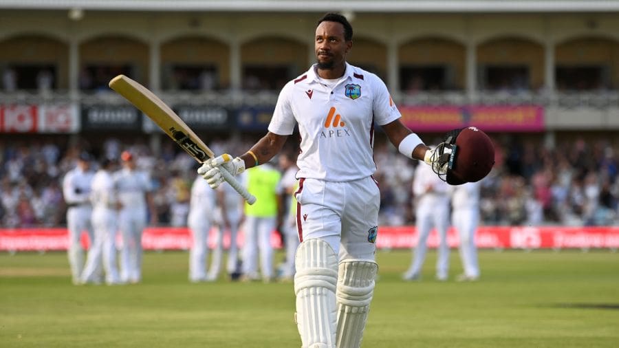 Kavem Hodge salutes the crowd after his maiden Test century, England vs West Indies, 2nd Men's Test, Nottingham, 2nd day, July 19, 2024