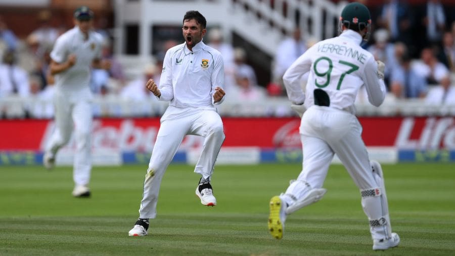 Keshav Maharaj is pumped after sending back Zak Crawley, England vs South Africa, 1st Test, Lord's, London, 3rd day, August 19, 2022