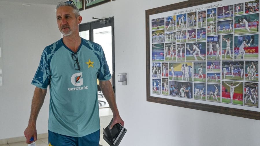 Pakistan's Test coach Jason Gillespie arrives to speak to the media, Karachi, July 7, 2024