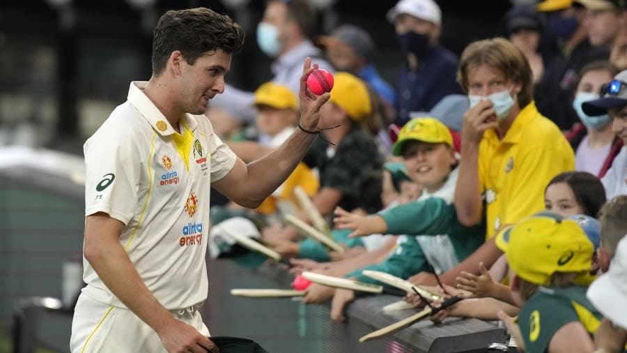 Jhye Richardson shows off the pink ball after his maiden Test five-for, Australia vs England, 2nd Test, The Ashes, Adelaide, 5th day, December 20, 2021