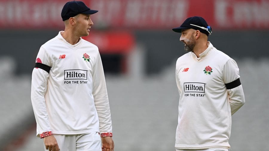 Tom Hartley and Nathan Lyon have a chat in the field, Lancashire vs Kent, County Championship, Division One, Old Trafford, May 3, 3024