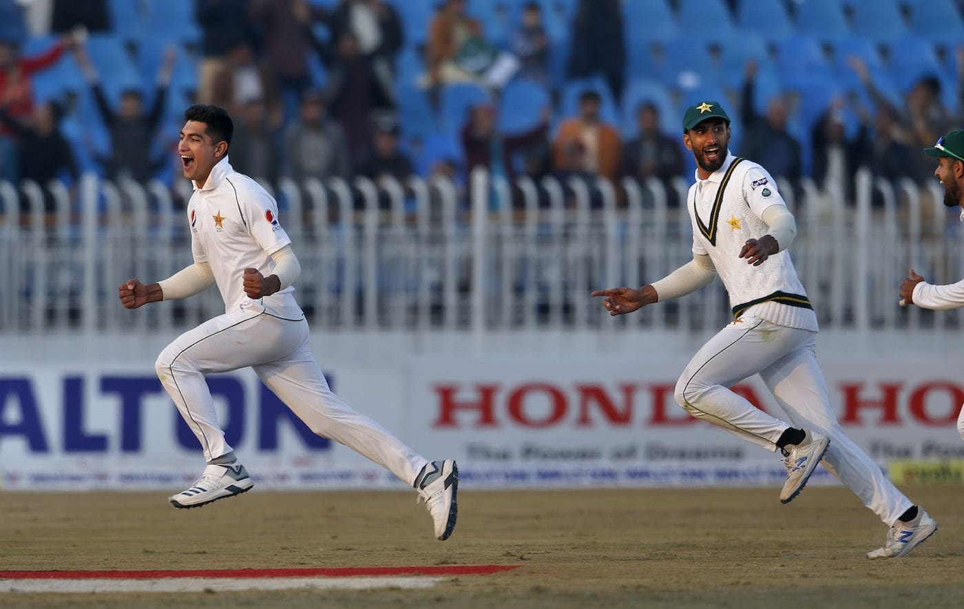 Naseem Shah takes off after his hat-trick, Pakistan v Bangladesh, 1st Test, Rawalpindi, 3rd day, February 9, 2020