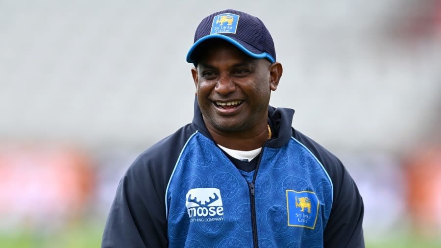 Sanath Jayasuriya finds a reason to smile during Sri Lanka's training session, Manchester, August 20, 2024