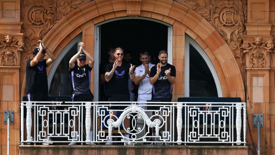 Ben Stokes, Ollie Pope and Chris Woakes applaud Gus Atkinson's century, England vs Sri Lanka, 2nd Test, Lord's, 2nd day, August 30, 2024