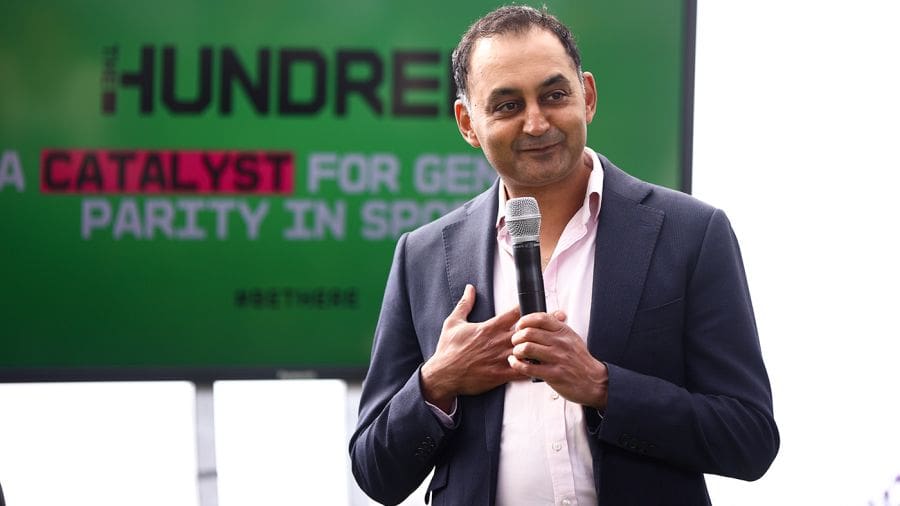 Sanjay Patel speaks at a promotional event for the Hundred, Kia Oval, London, July 7, 2021