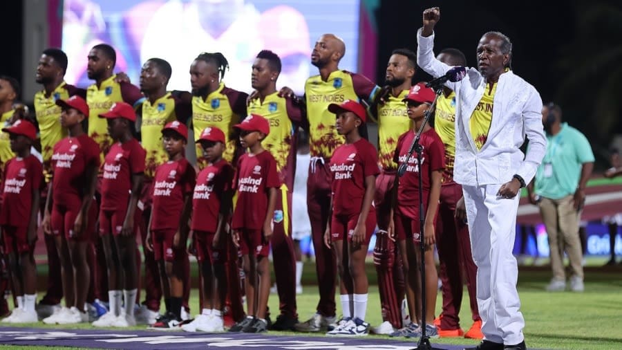 David Rudder performs the anthem 'Rally Round the West Indies' before the start of the game, West Indies vs South Africa, T20 World Cup 2024, Super Eight, North Sound, June 23, 2024