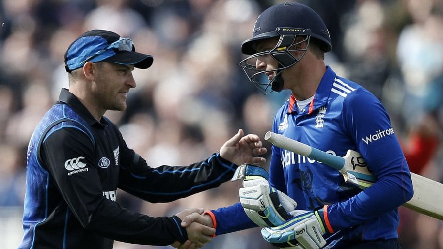 Brendon McCullum congratulates Jos Buttler after his century, England v New Zealand, 1st ODI, Edgbaston, June 9, 2015