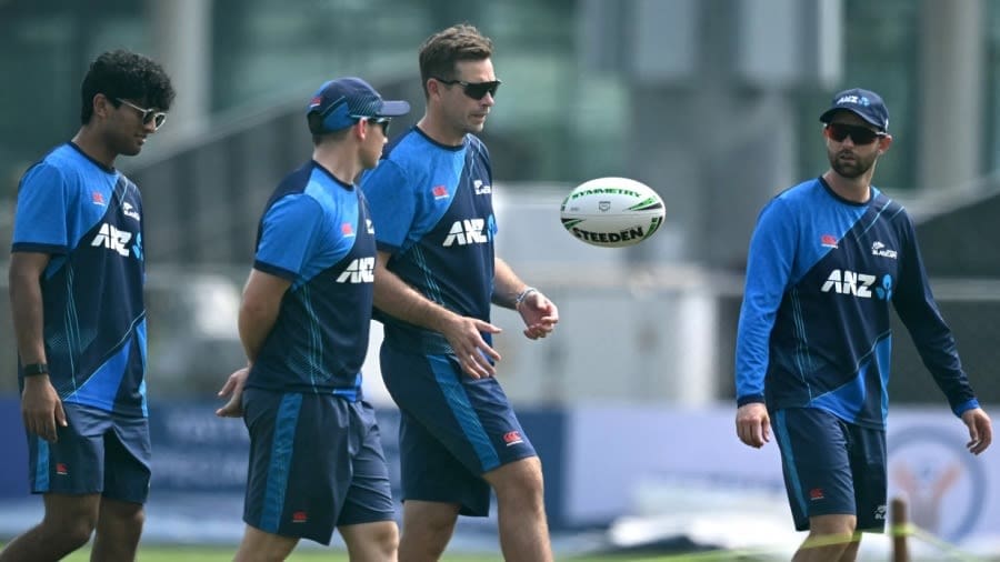 Rachin Ravindra, Tim Latham, Tim Southee and Devon Conway warm up, Afghanistan vs New Zealand, Only Test, 1st day, Greater Noida, September 9, 2024