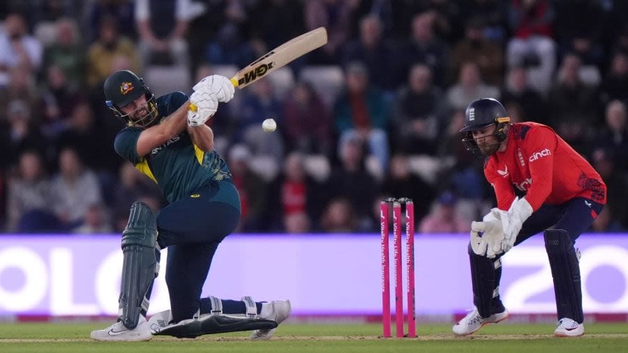 Matthew Short sweeps hard behind square, England vs Australia, 1st T20I, Southampton, September 11, 2024