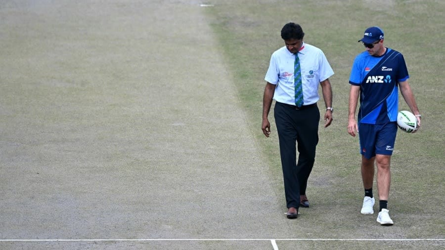 Tim Southee inspects the pitch with match referee Javagal Srinath, Afghanistan vs New Zealand, Only Test, 2nd day, Greater Noida, September 10, 2024