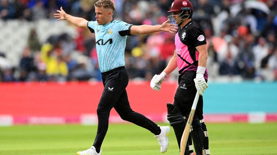 Sam Curran celebrates a breakthrough, Somerset vs Surrey, Vitality Blast semi-final, Edgbaston, July 15, 2023