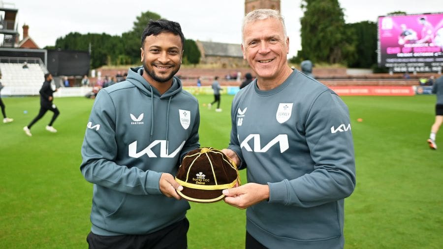 Shakib Al Hasan receives his Surrey cap from Alec Stewart, Somerset vs Surrey, County Championship, Taunton, September 9, 2024