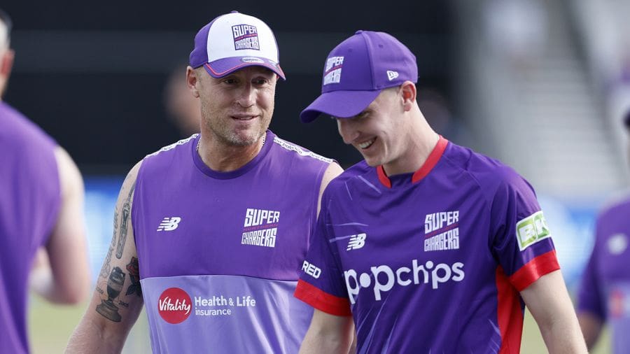 Andrew Flintoff and Harry Brook have a chat before the toss, Northern Superchargers vs Southern Brave, Men's Hundred, Headingley, July 30, 2024