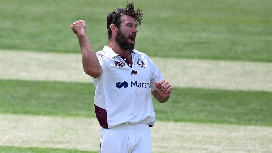 Michael Neser celebrates his first wicket of the match, Tasmania vs Queensland, Sheffield Shield, Hobart, October 29, 2023