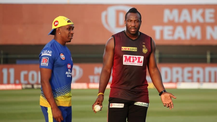 Dwayne Bravo and Andre Russell catch up, Kolkata Knight Riders vs Chennai Super Kings, IPL 2020, Abu Dhabi, October 7, 2020