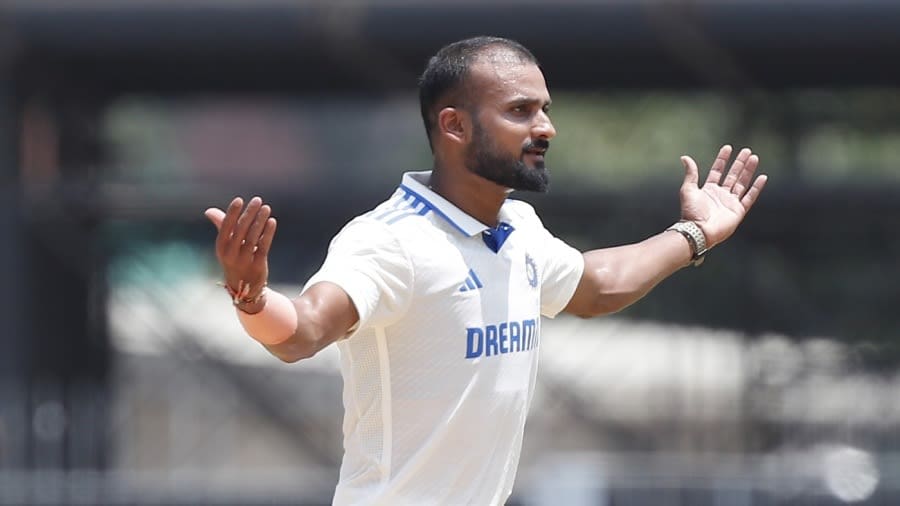 Akash Deep celebrates after knocking out Zakir Hasan's middle pole, India vs Bangladesh, 1st Test, day two, Chennai, September 20, 2024