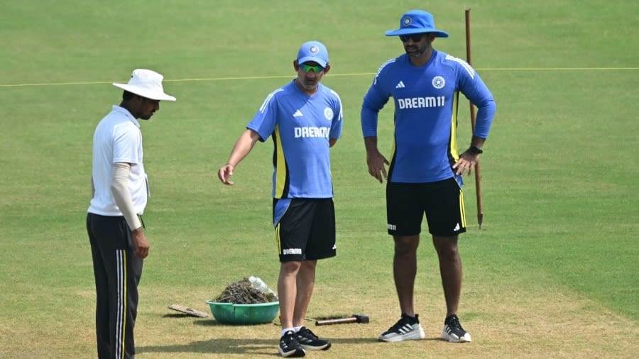 Gautam Gambhir and Abhishek Nayar inspect the Kanpur pitch, Kanpur, September 25, 2024