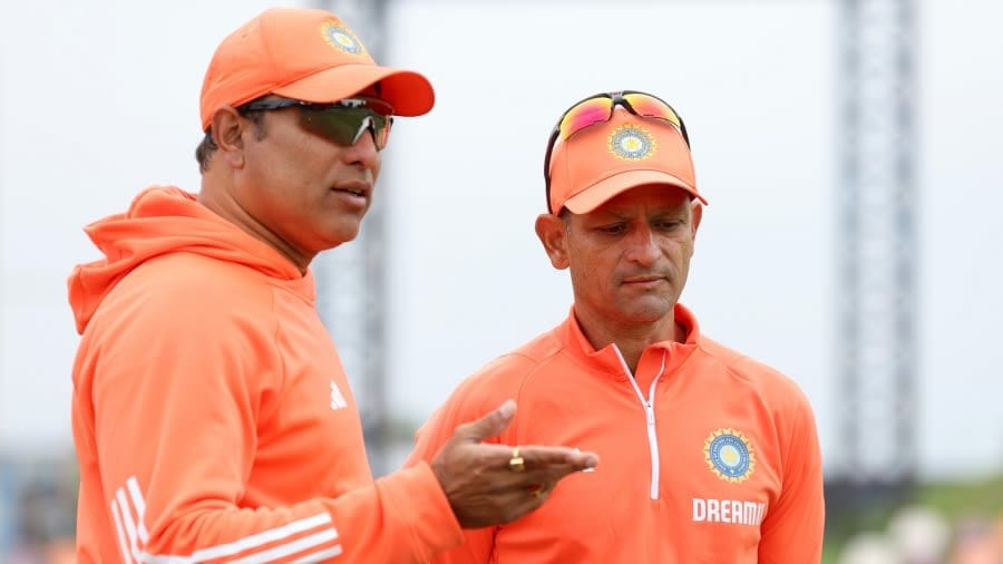 VVS Laxman, the head of the National Cricket Academy of India, and Hrishikesh Kanitkar, the head coach of India Under-19, before the final, Australia vs India, final, Benoni, Under-19 World Cup, February 11, 2024