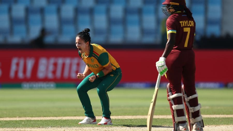 Marizanne Kapp is chuffed after dismissing Deandra Dottin cheaply, South Africa vs West Indies, Women's T20 World Cup 2024, Dubai, October 4, 2024