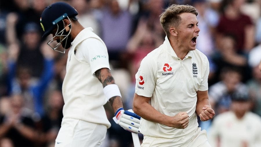 Sam Curran celebrates after claiming the precious wicket of Virat Kohli, England v India, 4th Test, Southampton, 2nd day, August 31, 2018