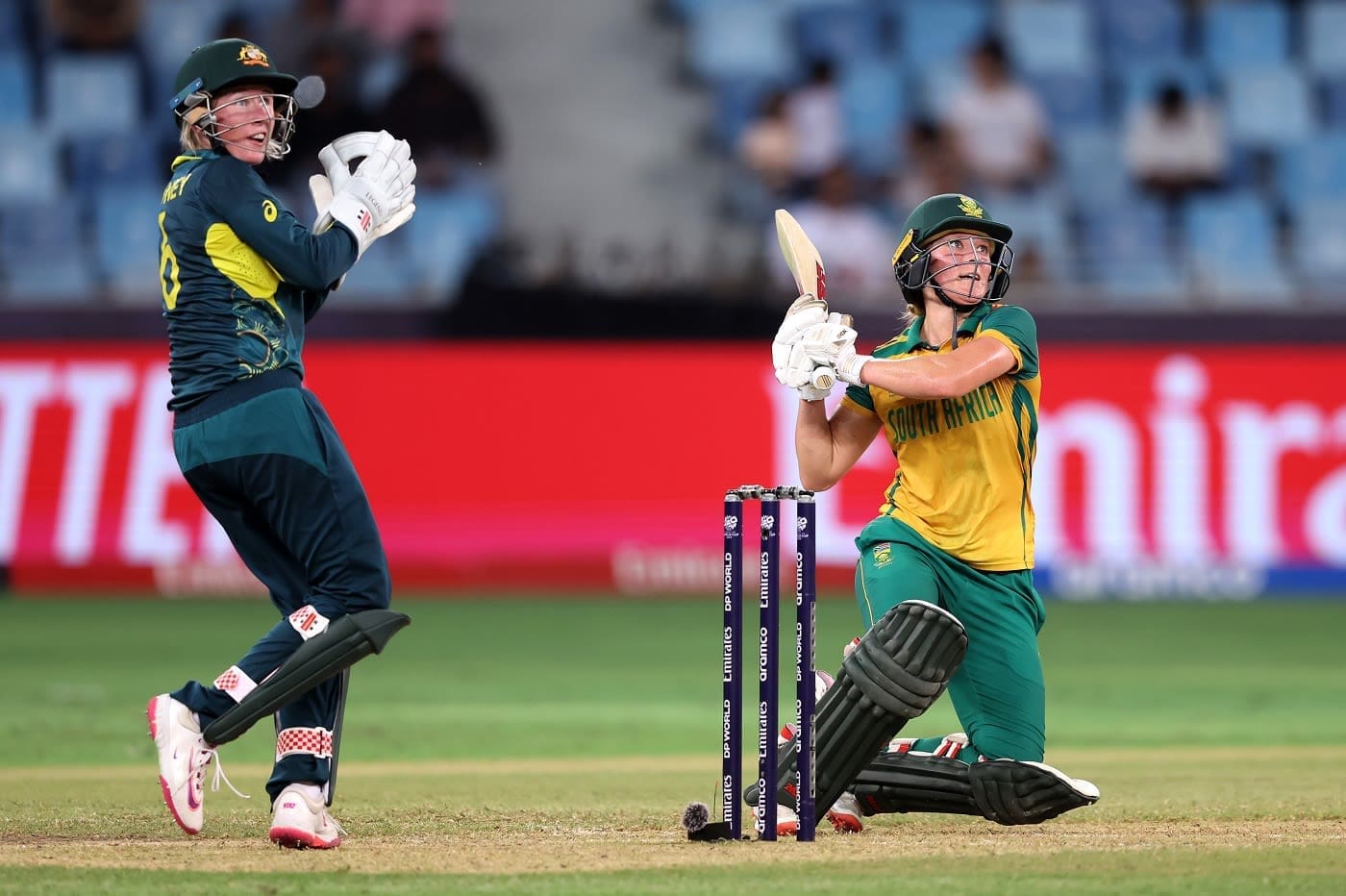 Anneke Bosch plays a reverse sweep, Australia vs South Africa, semi-final, Dubai, Women's T20 World Cup, October 17, 2024