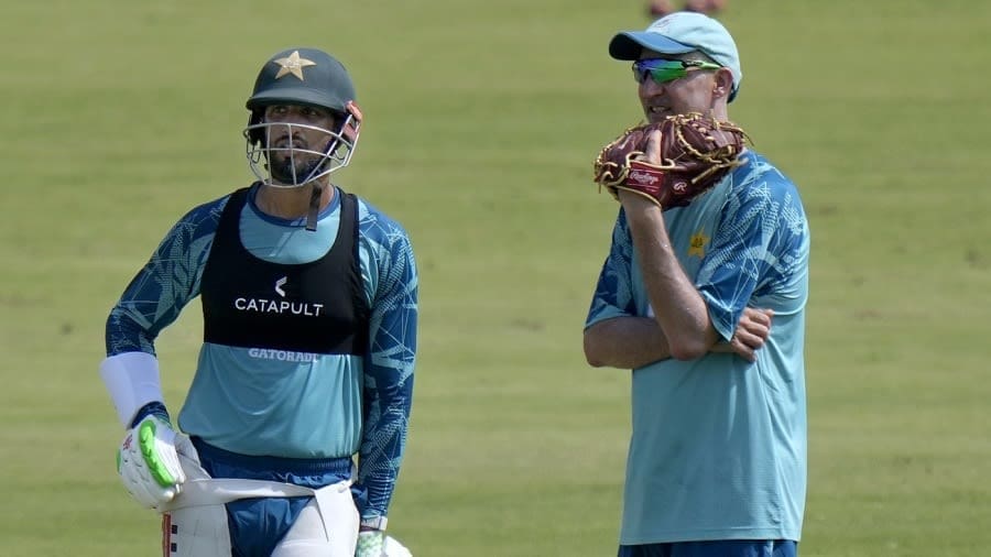 Pakistan captain Shan Masood has a chat with coach Jason Gillespie, Multan, October 5, 2024