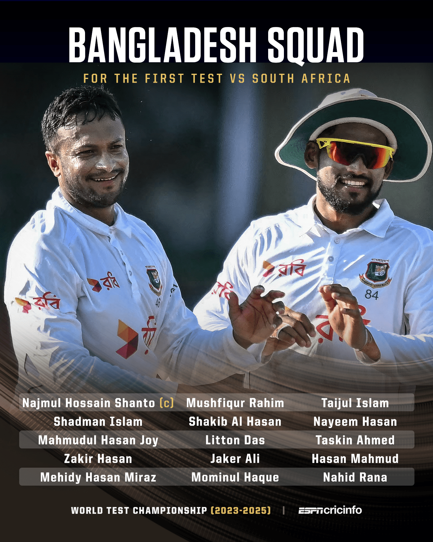 Bangladesh squad for the first Test against South Africa in October 2024 graphic