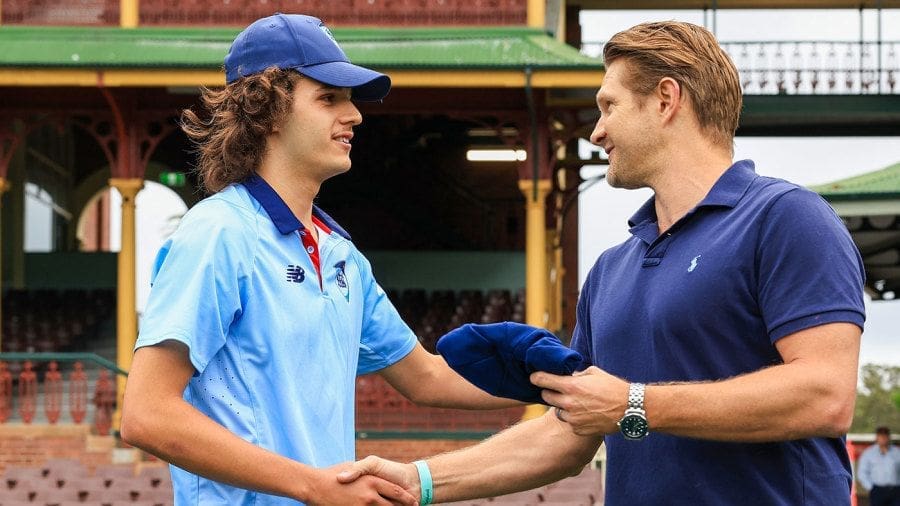 Sam Konstas was presented with his cap by Shane Watson, New South Wales vs Tasmania, Sheffield Shield, SCG, November 28, 2023