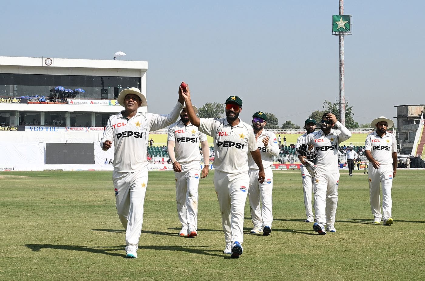 Noman Ali and Sajid Khan walk off together after taking all ten wickets in the second innings, Pakistan vs England, 3rd Test, Rawalpindi, 3rd day, October 26, 2024