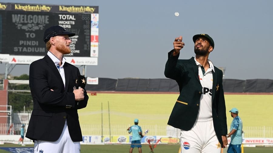 Ben Stokes looks on as Shan Masood tosses the coin, Pakistan vs England, 3rd Test, Rawalpindi, 1st day, October 24, 2024