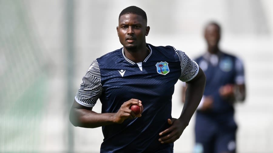 Jason Holder runs in to bowl at West Indies' training session ahead of the first Test against England, Lord's, July 8, 2024