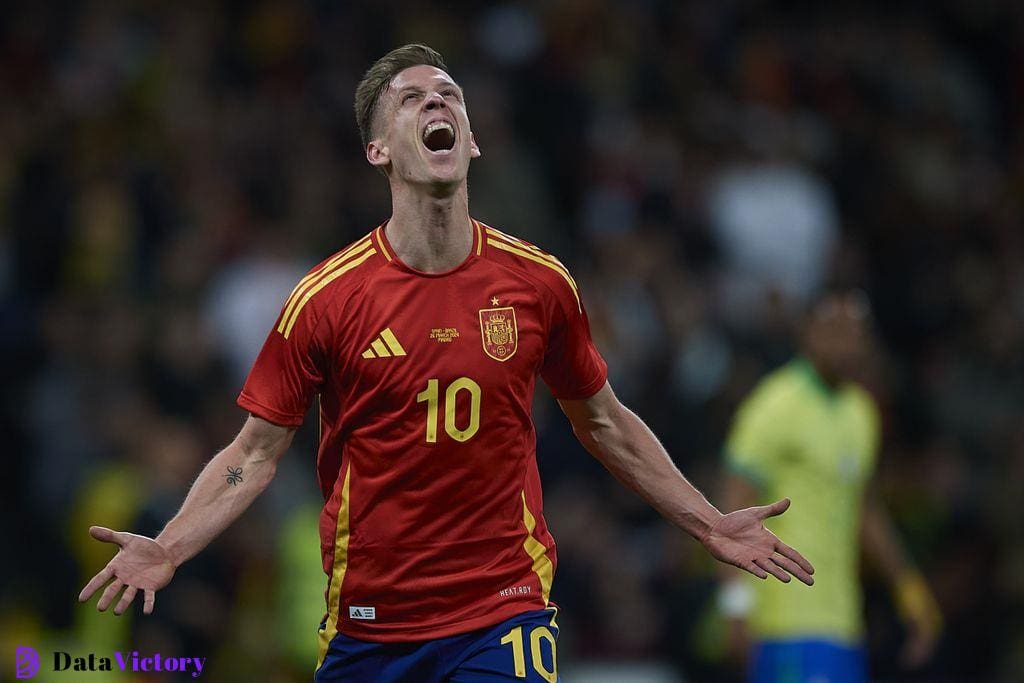 Manchester City target Dani Olmo celebrates after scoring for Spain in a friendly against Brazil in March 2024.